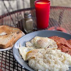 New England Coffee Shop - Two Eggs Cornbeef Hash, Grits, Rye Toast and Orange Juice.