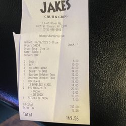 Jake's Grub & Grog - Our receipt.
