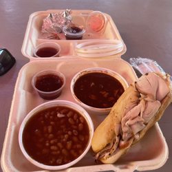 Thousand Oaks Meat Locker BBQ - Chicken sandwich with baked beans an chili beans!