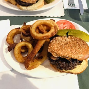 Peter McManus Cafe - Burger with BLT and pickle with Onion Rings - Cafes Near Me - New York, New York Peter McManus Cafe - Burger with BLT and pickle with Onion Rings - Cafes Near Me - New York, New York