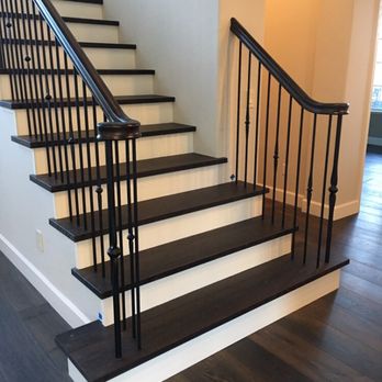 White Oak Square Edge Treads With White Risers Black Wrought Iron