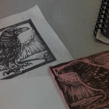 Chesterton Art Center - Left sketch of raven pre-carving, right pink is the carved block. - Art Galleries Near Me - Chesterton, Indiana