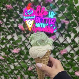 I got the waffle cone with vanilla and pistachio I got the waffle cone with vanilla and pistachio