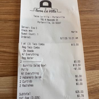 Tacos La Villa - The bill, reasonable now a days. - Fast Food Near Me - Porterville, California Tacos La Villa - The bill, reasonable now a days. - Fast Food Near Me - Porterville, California