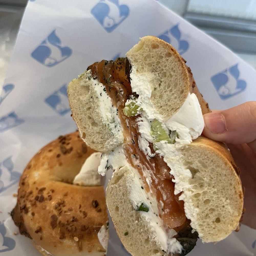 Russ & Daughters - Garlic bagel with vegan crème cheese and a smoked salmon with dill - Bagels Near Me - New York, New York