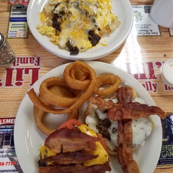 Lil-Tex Restaurant - Skillet Breakfast and Double party burger with onion rings - American Near Me - Copperas Cove, Texas