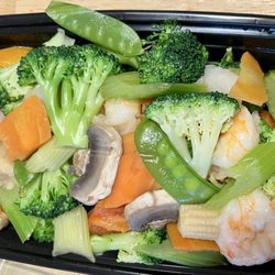 China Star - Shrimp with mixed vegetables and garlic sauce was ordered on the side (not pictured)... in carryout container. Also with white rice