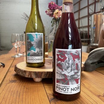 Miles Garrett Wines - a bottle of pinot noir and a glass of wine - Wine Tasting Room Near Me - Willow Creek, California