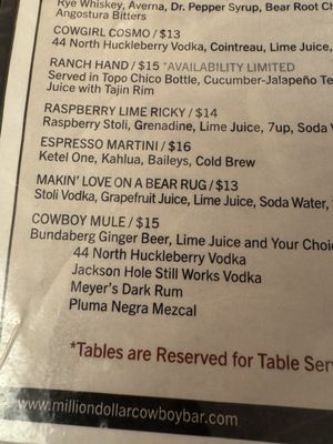 Menu photo 8 Million Dollar Cowboy Bar Jackson, WY Menu photo 8 Million Dollar Cowboy Bar Jackson, WY