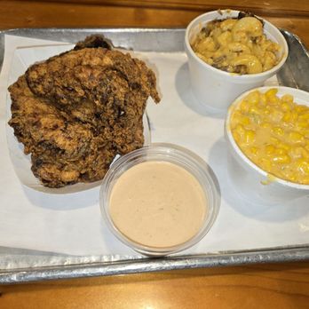 The Smoke Shack - Fried chicken tenders with spicey creamy corn and Mac N Cheese - Southern Near Me - San Antonio, Texas