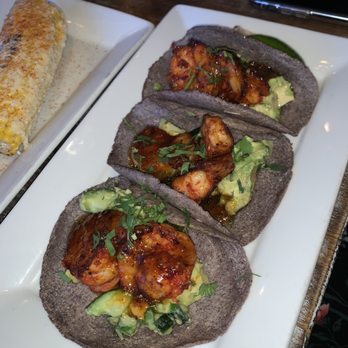 Gringos & Mariachis - Honey Glazed Shrimp Tacos and Elote Loco (background) - Tacos Near Me - Potomac, Maryland