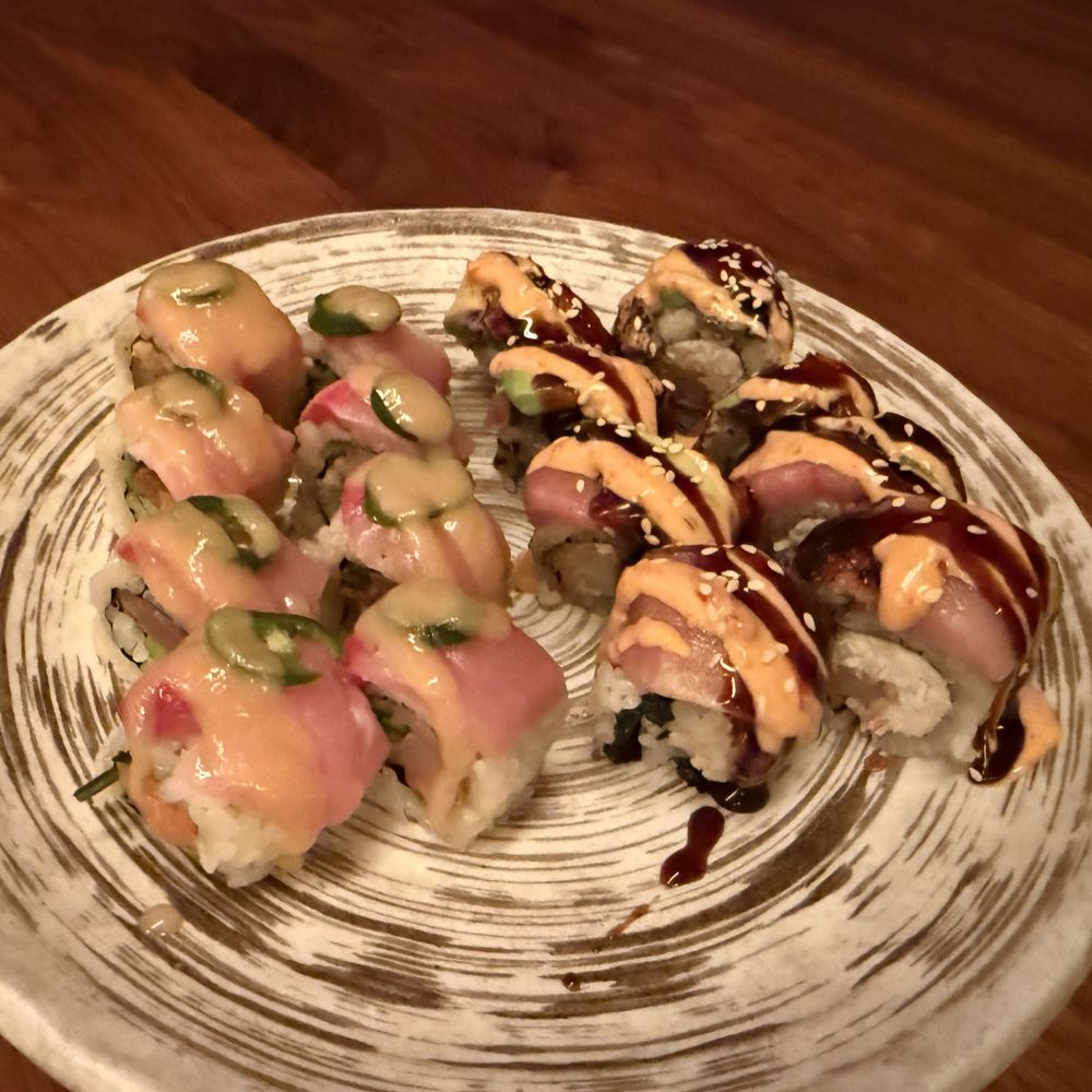 Bisutoro - The roll on the right had a shrimp tempura, crab salad, and a spicy sauce with yellowtail maybe? My favorite roll we ordered - Ramen Near Me - Phoenix, Arizona Bisutoro - The roll on the right had a shrimp tempura, crab salad, and a spicy sauce with yellowtail maybe? My favorite roll we ordered - Ramen Near Me - Phoenix, Arizona