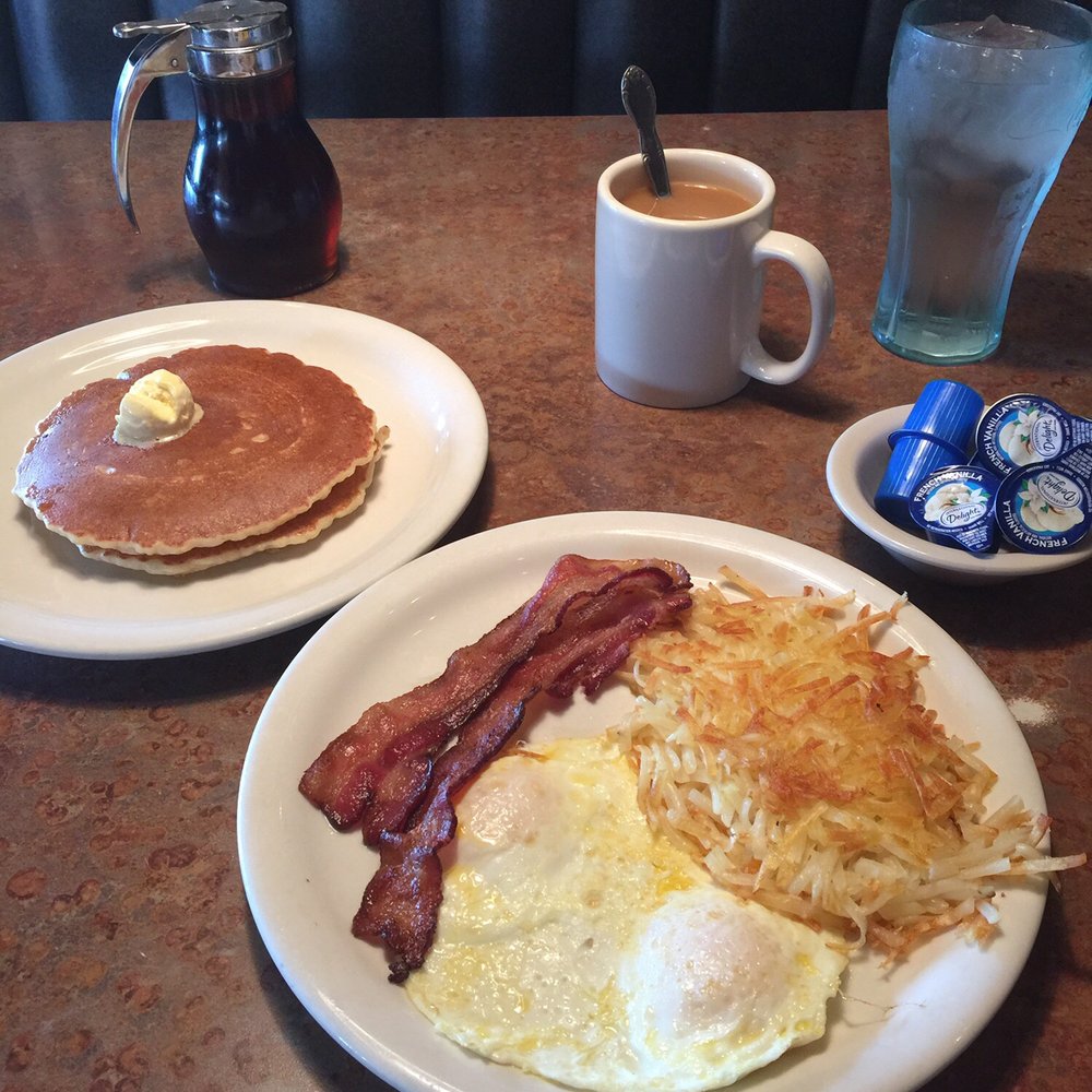 Huckleberry's - Griddle Combo: Two Pancakes, Two Eggs, Bacon, and Hash Browns - $7.49 (plus tax) - Breakfast & Brunch Near Me - Fairfield, California