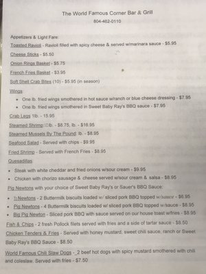 Menu photo 5 The World Famous Corner Bar & Grill Lively, VA Menu photo 5 The World Famous Corner Bar & Grill Lively, VA