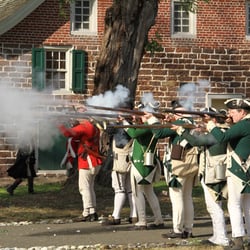 Bergen County Historical Society - American Revolutionary War Reenactment at Historic New Bridge Landing. The Zabriskie-Steuben House (state-historic site) in the background.