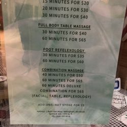 Relax Body Works - Services and Price menu as of 9-25-22