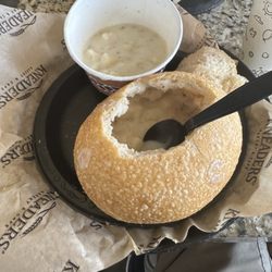My potato soup was served very hot and was filling  You carve out your own bread bowl which is great for dipping in the soup