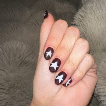 Rever Nail Lounge - Burgundy gel + light blue stars - Nail Salons Near Me - San Diego, California Rever Nail Lounge - Burgundy gel + light blue stars - Nail Salons Near Me - San Diego, California