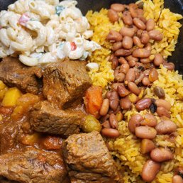 Beef stew with yellow rice red beans & mac Beef stew with yellow rice red beans & mac