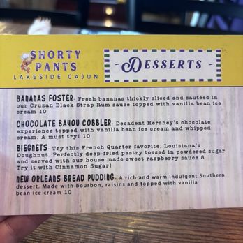 Shorty Pants Lakeside Cajun Restaurant & Marina - Dessert menu looked great - Cajun/Creole Near Me - Osage Beach, Missouri Shorty Pants Lakeside Cajun Restaurant & Marina - Dessert menu looked great - Cajun/Creole Near Me - Osage Beach, Missouri
