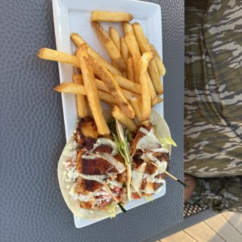 Sharky's On the Pier - Blackened grouper tacos with fries - Seafood Near Me - Venice, Florida Sharky's On the Pier - Blackened grouper tacos with fries - Seafood Near Me - Venice, Florida