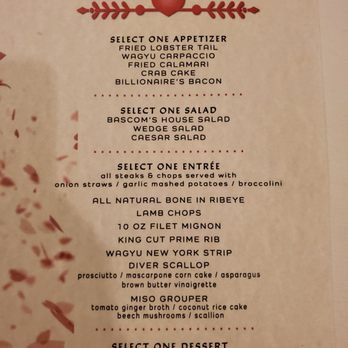 Bascom's Chop House - 2-12-22 Valentine's Menu 1/3 - Steakhouses Near Me - Clearwater, Florida