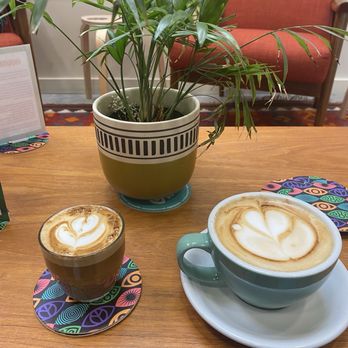 Grand Coffee Too - Cortado (left) and oat milk latte with gochujang brown butter syrup (right) - Coffee Roasteries Near Me - San Francisco, California Grand Coffee Too - Cortado (left) and oat milk latte with gochujang brown butter syrup (right) - Coffee Roasteries Near Me - San Francisco, California