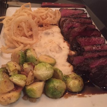 Sundae Cafe - New York Strip w goat cheese mashed potatoes, shoestring fried onions and brussel sprouts. Wow. - Seafood Near Me - Tybee Island, Georgia Sundae Cafe - New York Strip w goat cheese mashed potatoes, shoestring fried onions and brussel sprouts. Wow. - Seafood Near Me - Tybee Island, Georgia