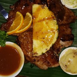 Hawaiian Bar-B-Que - BBQ Pork Ribs, with mashed potatoes & gravy topped with pineapple slice. It was "falling off the bone" delicious!!