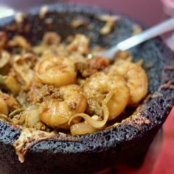 Casa 28 Mexican Grill - Fabulous Molcajete bowl loaded with perfectly cooked shrimp. Winners Circle :)..,