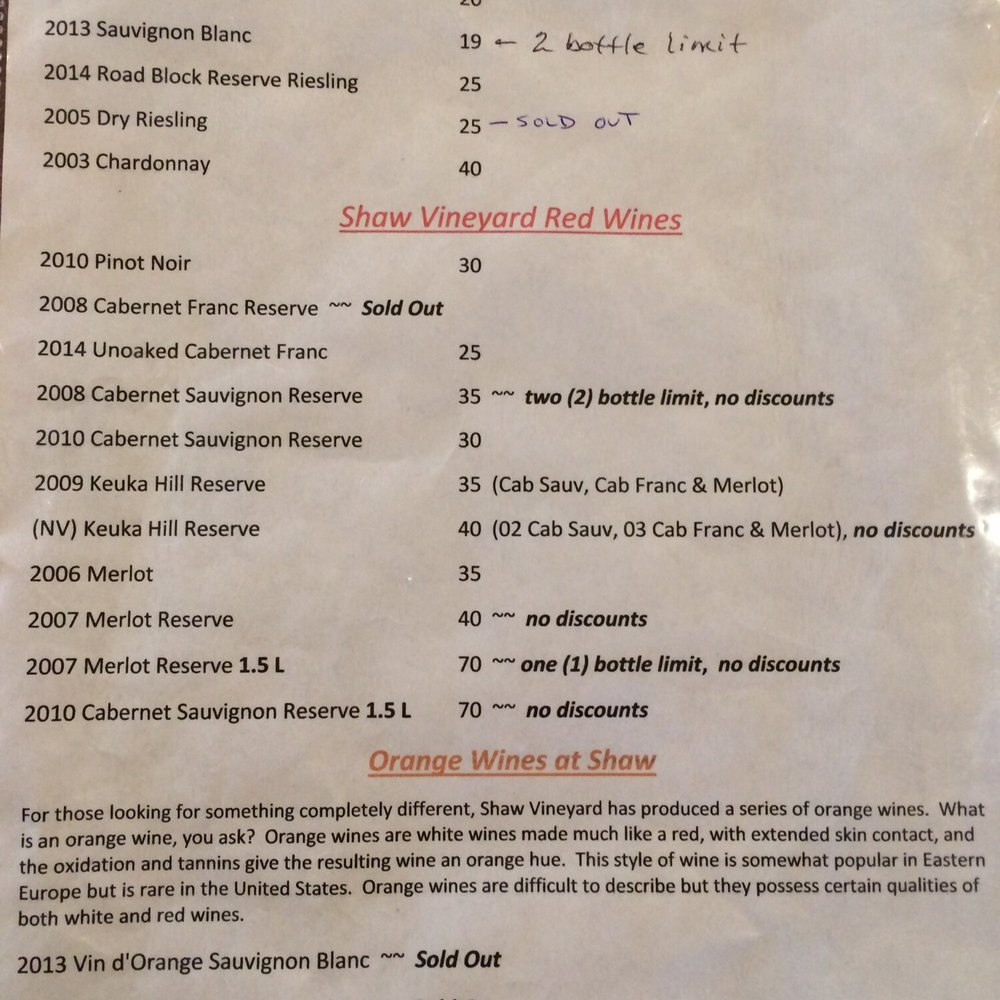 Shaw Vineyard - Tasting list as of September 2016 - Wineries Near Me - Himrod, New York Shaw Vineyard - Tasting list as of September 2016 - Wineries Near Me - Himrod, New York