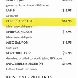 These are the prices of the chicken breast sandwich and the kids burger taken straight from their website. These are the prices of the chicken breast sandwich and the kids burger taken straight from their website.