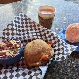 Red Pepper Reuben & Coleslaw, Carrot Cupcake with Coconut Frosting, Chaga Latte Red Pepper Reuben & Coleslaw, Carrot Cupcake with Coconut Frosting, Chaga Latte