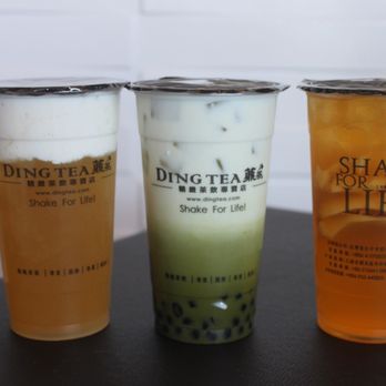 Ding Tea House - left to right: jasmine green tea mousse, matcha latte, peach green tea - Bubble Tea Near Me - San Jose, California Ding Tea House - left to right: jasmine green tea mousse, matcha latte, peach green tea - Bubble Tea Near Me - San Jose, California