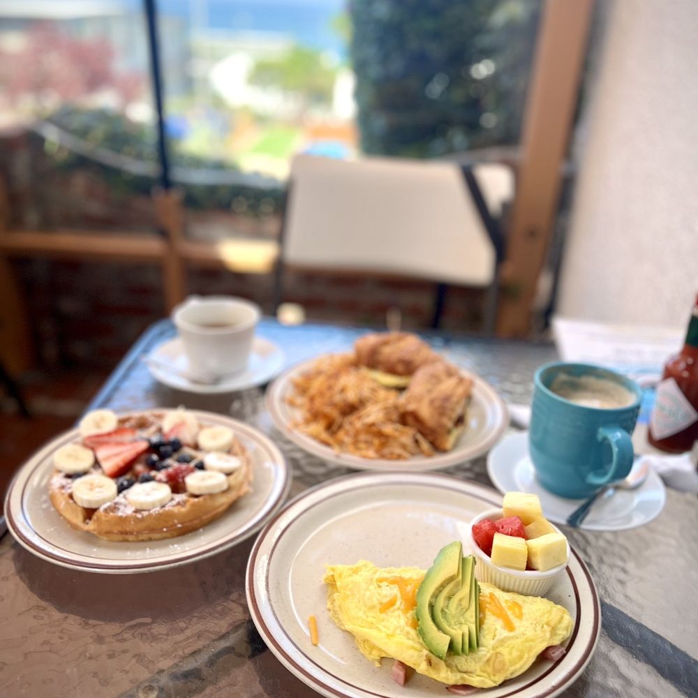 Ocean View Café - Mediterranean Sandwich, Belgian Waffle with fruit, Ocean View Omelet with ham, Cappuccino, and Americano - Breakfast & Brunch Near Me - Manhattan Beach, California Ocean View Café - Mediterranean Sandwich, Belgian Waffle with fruit, Ocean View Omelet with ham, Cappuccino, and Americano - Breakfast & Brunch Near Me - Manhattan Beach, California