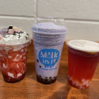 Milk In It - three different drinks on a table - Bubble Tea Near Me - San Luis Obispo, California Milk In It - three different drinks on a table - Bubble Tea Near Me - San Luis Obispo, California