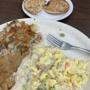Seascape Restaurant - Scrambled eggs with clam chowder. I've eaten half of it hear, so you can see it is a large serving. - Seafood Near Me - Trinidad, California Seascape Restaurant - Scrambled eggs with clam chowder. I've eaten half of it hear, so you can see it is a large serving. - Seafood Near Me - Trinidad, California