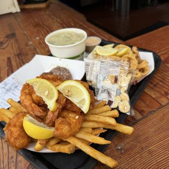 HarborView Bistro & Bar - Fried shrimp, calamari, french fries, bowl of clam chowder and a burger patty for my Pup! - Breakfast & Brunch Near Me - Fort Bragg, California HarborView Bistro & Bar - Fried shrimp, calamari, french fries, bowl of clam chowder and a burger patty for my Pup! - Breakfast & Brunch Near Me - Fort Bragg, California