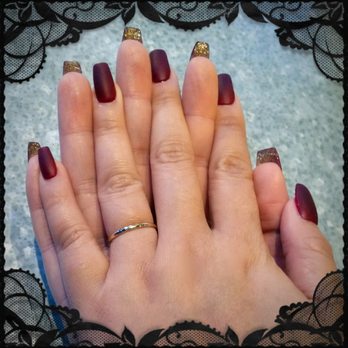 Torrey Nail Salon - Matte wine with gold glitter underneath the nail...it's all in the details! - Nail Salons Near Me - San Diego, California Torrey Nail Salon - Matte wine with gold glitter underneath the nail...it's all in the details! - Nail Salons Near Me - San Diego, California