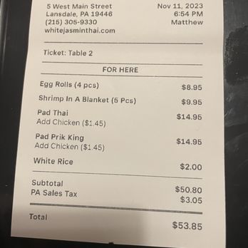 White Jasmin Thai Cuisine - Bill - Thai Near Me - Lansdale, Pennsylvania White Jasmin Thai Cuisine - Bill - Thai Near Me - Lansdale, Pennsylvania