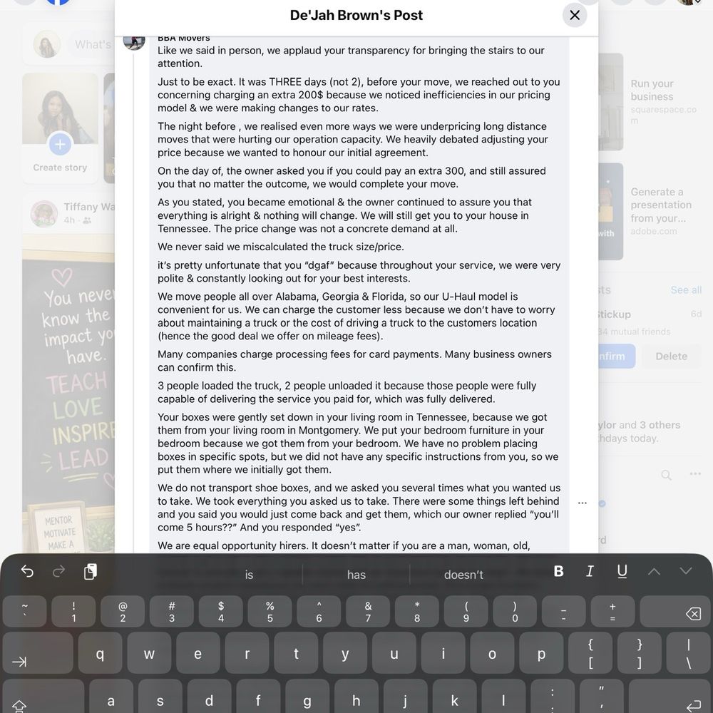 Movers of BBA - pt1. of their unprofessional facebook comment - Movers Near Me - Montgomery, Alabama Movers of BBA - pt1. of their unprofessional facebook comment - Movers Near Me - Montgomery, Alabama
