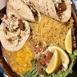 Isla Bonita - Deep fried fish tacos and rice.
