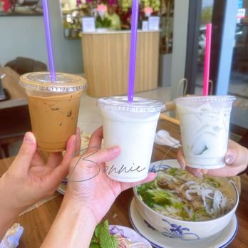 Pho In Love - Left: Vietnam coffee Middle: Coconut Smoothie  Right: Coconut Jellos Dessert - Vietnamese Near Me - Richmond Hill, Ontario