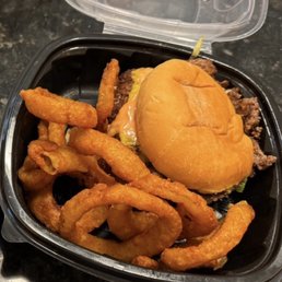 American TLC smash burger (single patty) with onion rings American TLC smash burger (single patty) with onion rings