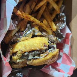 Wagyu burger and fries Wagyu burger and fries