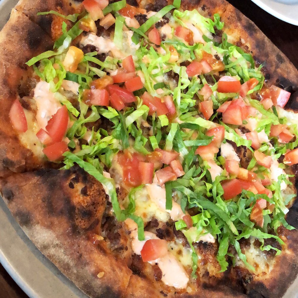 The Laundrette - Cheeseburger pizza with hot dog in the back - Pizza Near Me - Narrowsburg, New York The Laundrette - Cheeseburger pizza with hot dog in the back - Pizza Near Me - Narrowsburg, New York