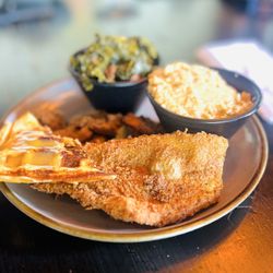Quotes Fish and Shrimp Platter with collard greens and mashed potatoes and honey butter cornbread waffle