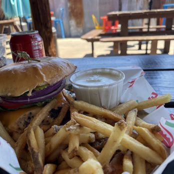Joshua Tree Saloon - Signature Mineshaft burger with fries - Dive Bars Near Me - Joshua Tree, California Joshua Tree Saloon - Signature Mineshaft burger with fries - Dive Bars Near Me - Joshua Tree, California