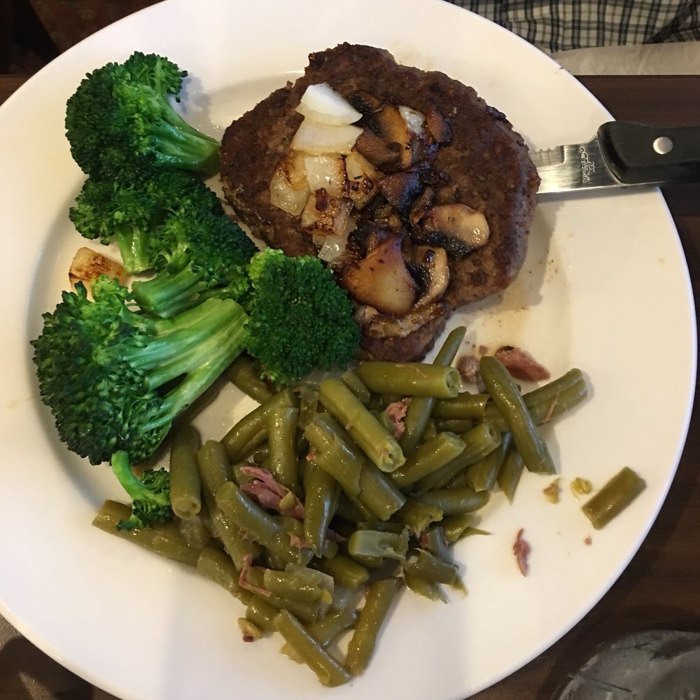 Bob Evans - Hamburger steak dinner with Steamed Broccoli Florets and Green Beans With Ham. (Green salad on the side) - Breakfast & Brunch Near Me - Aberdeen, Maryland Bob Evans - Hamburger steak dinner with Steamed Broccoli Florets and Green Beans With Ham. (Green salad on the side) - Breakfast & Brunch Near Me - Aberdeen, Maryland