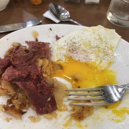 Corned Beef Hash Eggs over medium. Sorry for half eaten but was so good had to dig in Corned Beef Hash Eggs over medium. Sorry for half eaten but was so good had to dig in
